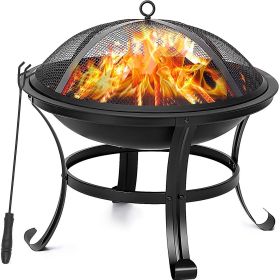 Outdoor 22 Inch Round Fire Pit, 5 Piece Set, Curved Iron Outdoor Wood Burning Fire Pit Terrace BBQ Camping Fire Pit with BBQ Backyard Poolside, B