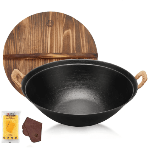 WANGYUANJI 14.2 Handmade Wok, Cast Iron Wok Pan, Large Flat Bottom Wok Stir With Dual Handle And Wooden Lid, Suitable For All Cooktops, Uncoated