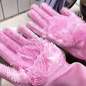 1pair Kitchen Silicone Dishwashing Gloves; Housework Cleaning Waterproof Insulation Magic Gloves; Dishwashing Brush (Color: purple, Material: Silica Gel)