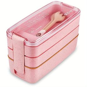 1 set 3-in-1 Bento Box Set - Microwave and Dishwasher Safe Lunch Box with Dividers and Utensils - Perfect for School, Travel, and Snacks (Color: pink)
