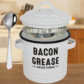 46 oz grease collection with strainer and metal spoon - Large enamel oil tank lid, cooking oil seasoning storage tank (Color: White)